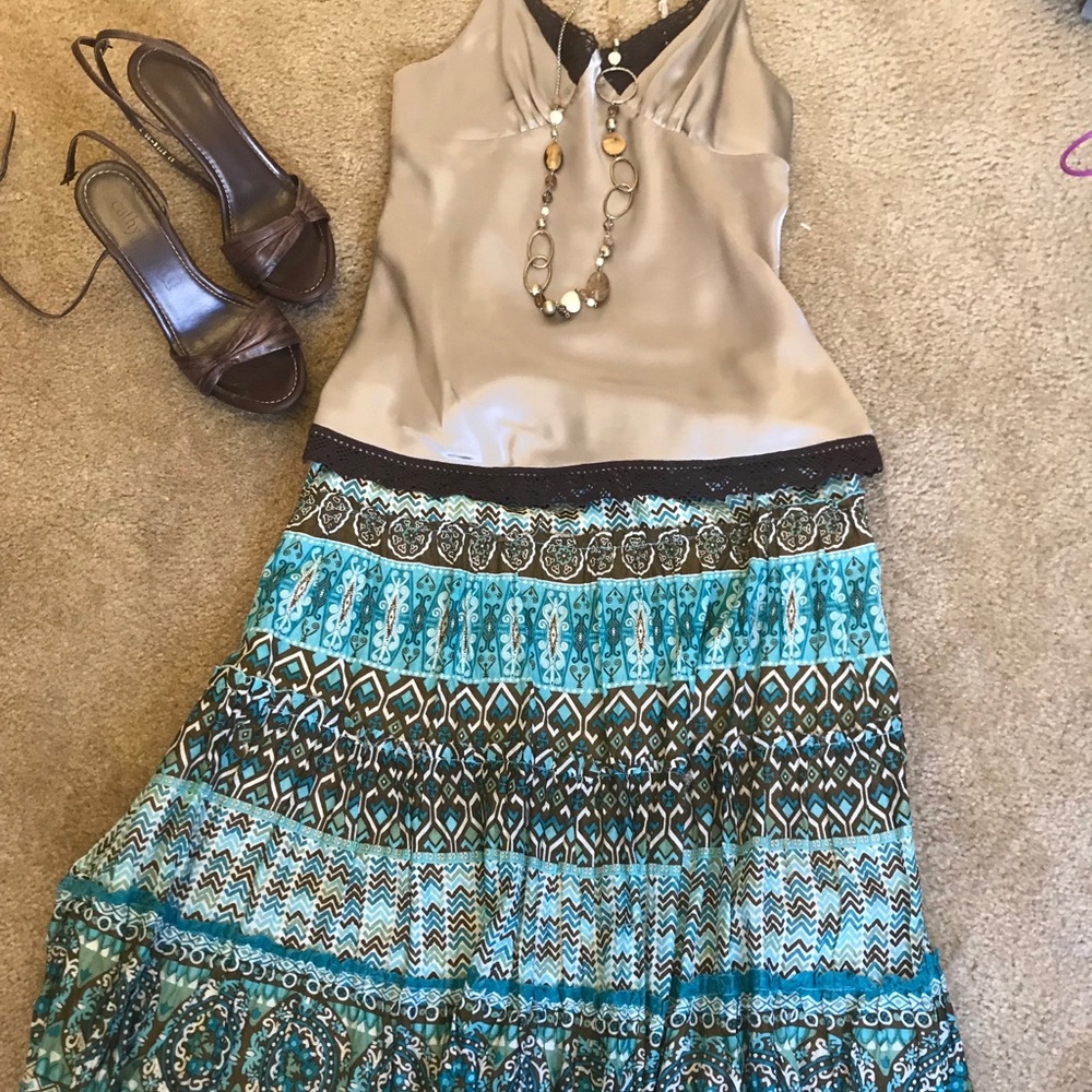 Brown Silk Spaghetti Strap Top with Lace Detail